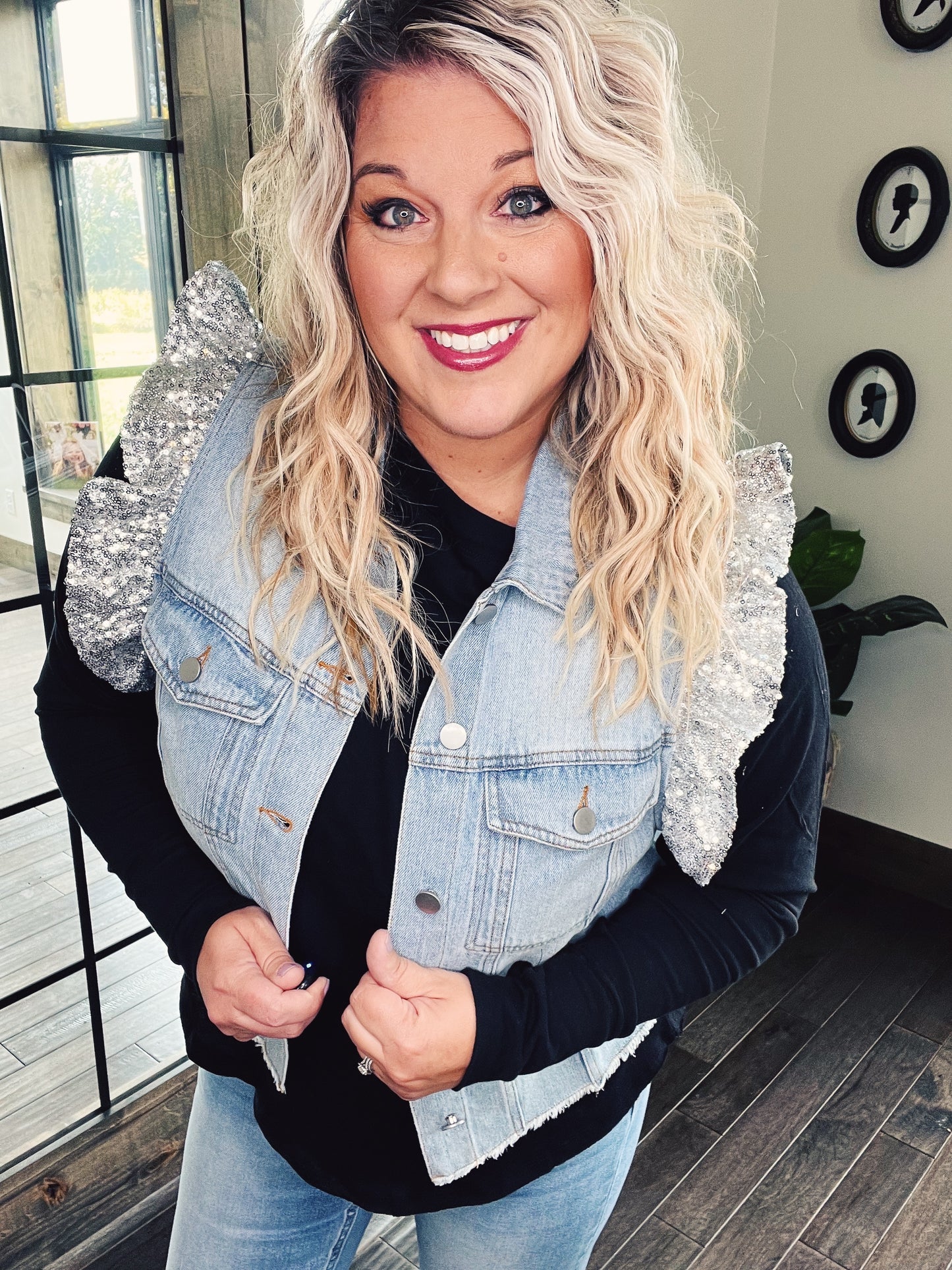 Sequin Ruffle Denim Vest