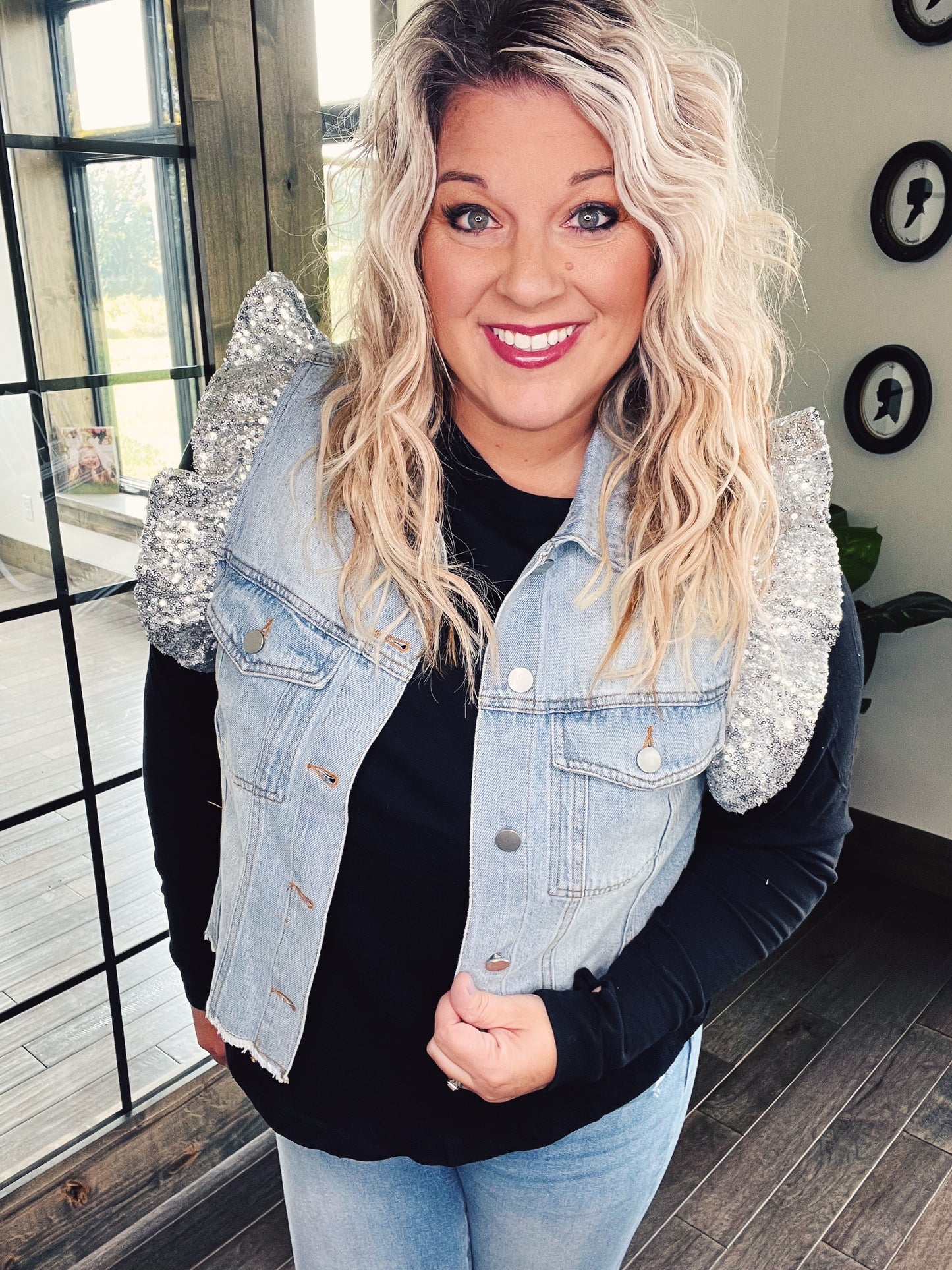 Sequin Ruffle Denim Vest