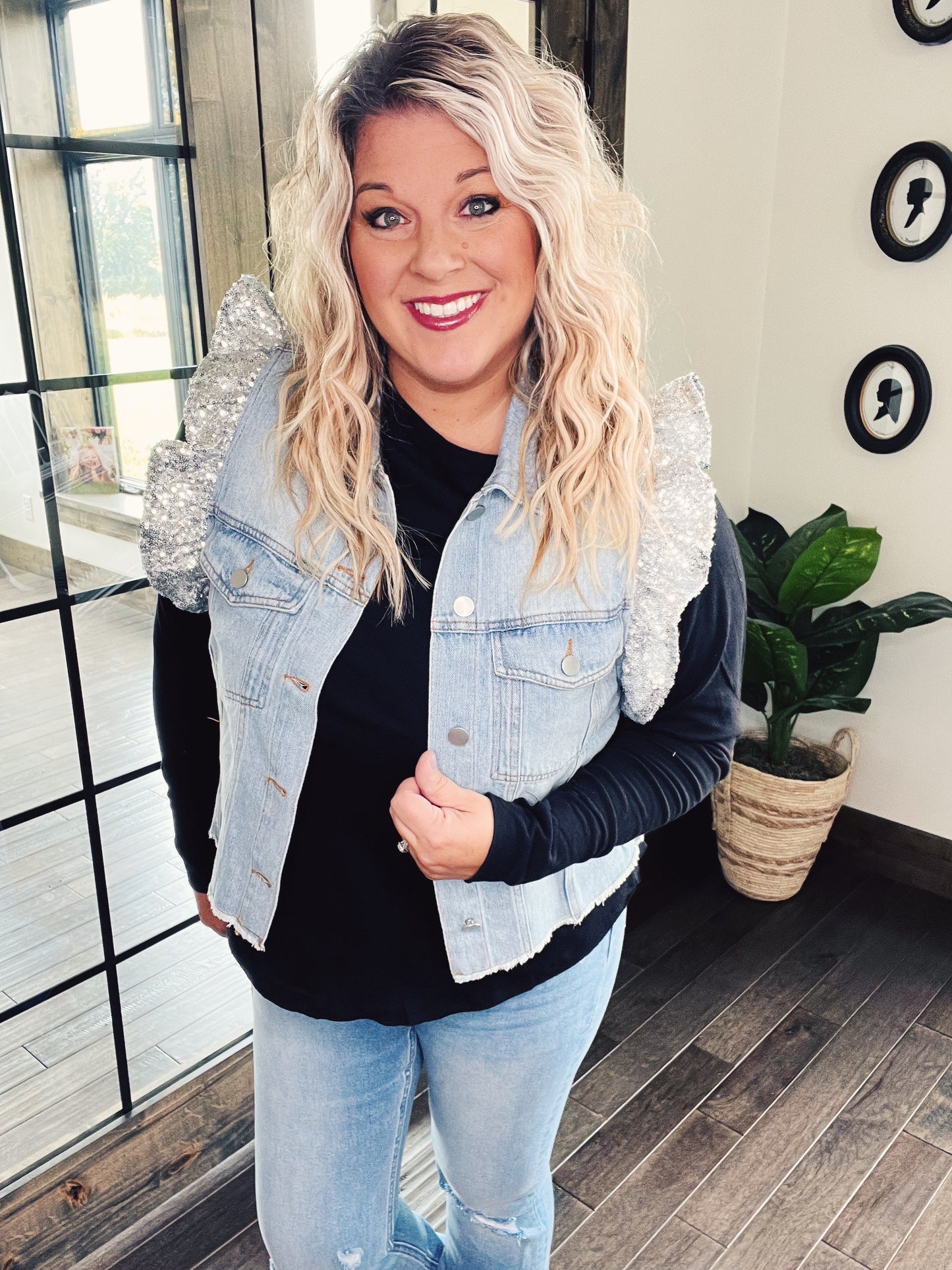 Sequin Ruffle Denim Vest