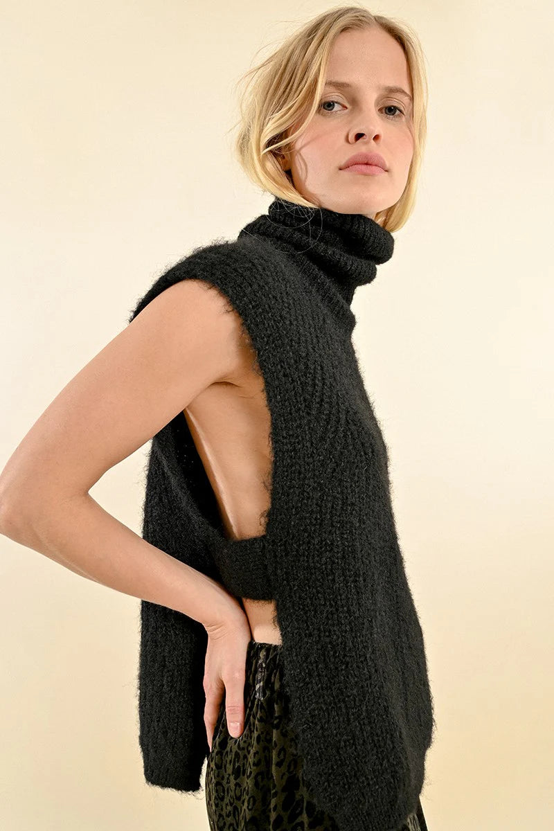 Sleeveless Open Work Turtleneck Sweater