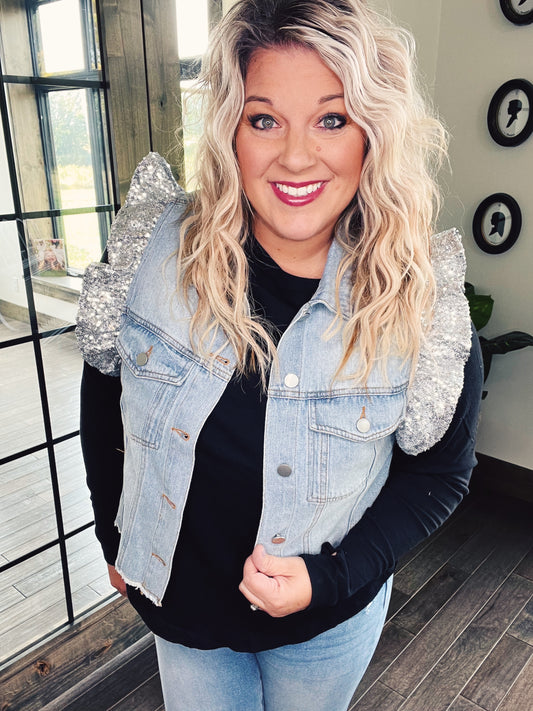 Sequin Ruffle Denim Vest